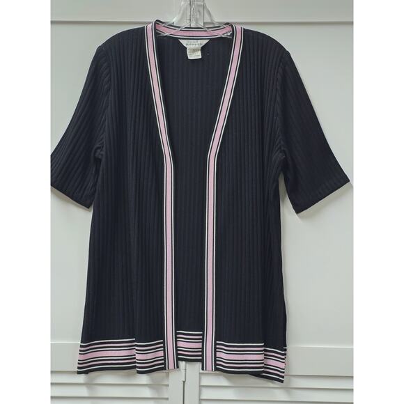 Misook Jacket Black Ribbed Knit Pink Open Front Career Business Wear Size Large - Picture 1 of 7
